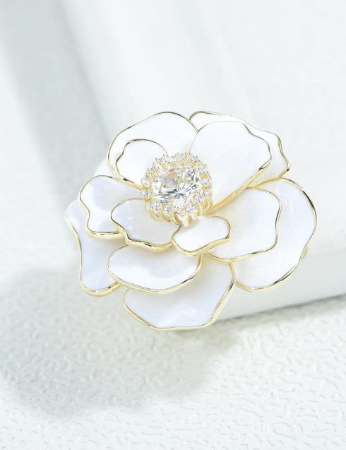 Enamel Camellia Flower Brooch Pin Crystal Blooming Rose Floral Pins Corsage Wedding Party Jewelry for Women...