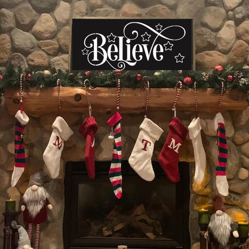 Christmas Stencils for Painting on Wood Holiday Christmas Stencil Large Believe Xmas Painting Stencils for Wall Porch Glass Wood Fabric...