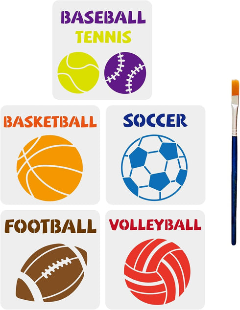 5pcs Sports Ball Stencils Sports Stencils BASEBALL TENNIS BASKETBALL SOCCER FOOTBALL VOLLEYBALL Reusable Template 11.8×11.8inch with Paint Brush D...
