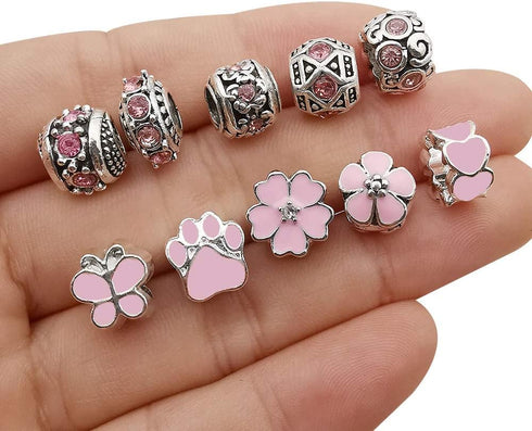 50pcs Assorted Pink Resin Imitation Glass European Large Hole Beads Rhinestone Metal Spacer Charms Bead Assortments for DIY Crafts Bracelets Neckl...