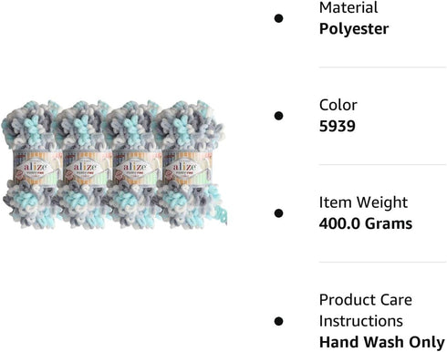Alize Puffy Fine Color Baby Blanket Small Loop 100% Micropolyester Soft Yarn Lot of 4skn 400gr 64yds (5939)......