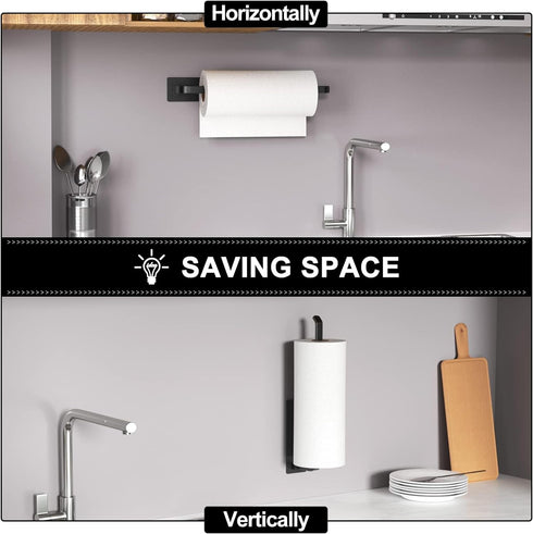 Paper Towel Holder - Self-Adhesive or Drilling, Matte Black Paper Towel Rack Under Cabinet for Kitchen, Upgraded Aluminum Kitchen Roll Holder - Li...