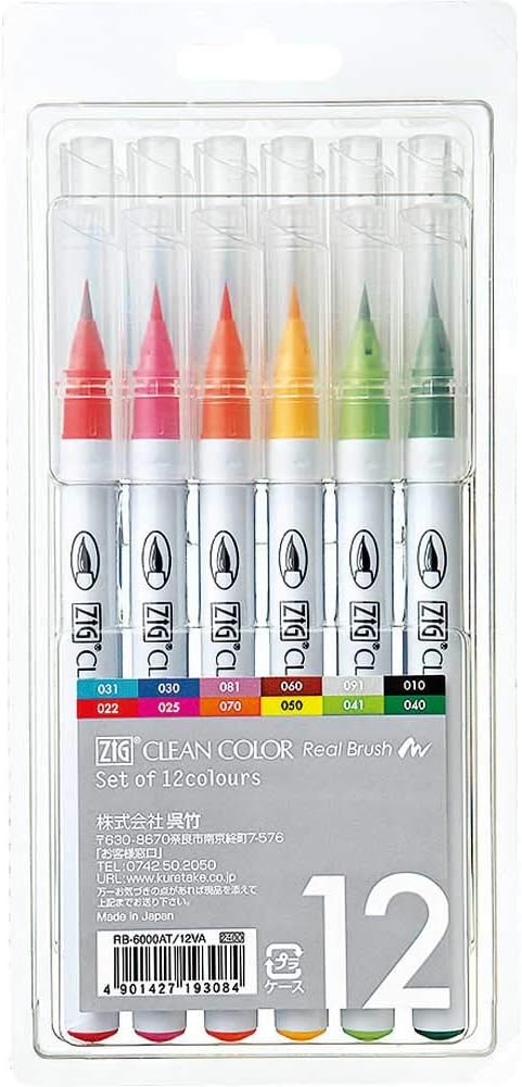 Zig Clean Color Real Brush Markers, Multicolor, 12-Pack (RB600012)...