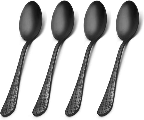 Matte Black Stainless Steel Dinner Spoons with Round Edge, Set of 4,With Pattern (Matte Black Dinner Spoon, 4-Piece)...