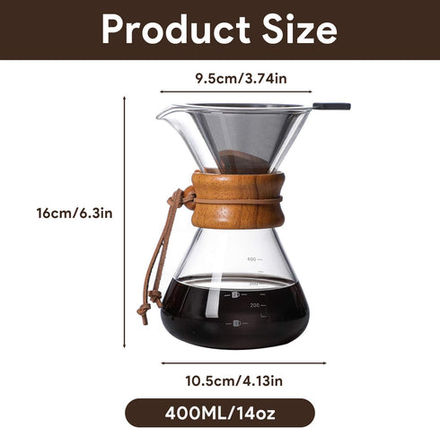 Tissting Wood Neck Pour Over Coffee Maker,400ml Sleeve Coffee Brewer with Permanent Stainless Steel Filter,Glass Coffee Pot for Home Cafe Party...