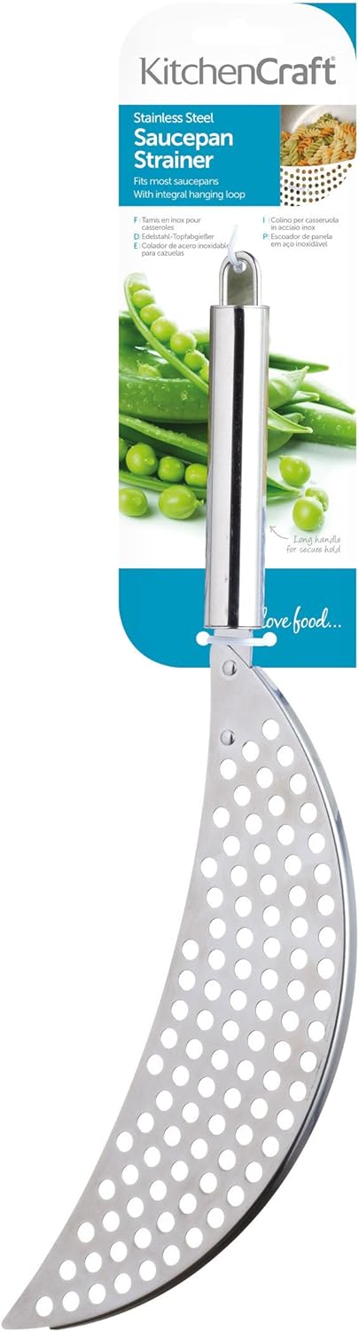 KitchenCraft Stainless Steel Half-Moon Pan Strainer/Pot Drainer, Silver...