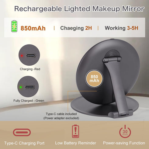 MILEDUO Rechargeable Travel Makeup Mirror with Lights, 6.3 inch Foldable Compact Mirror 850mAh Battery, 3 Color Light Touch Screen for Travel and ...