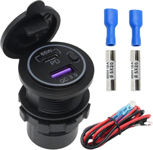 12V USB Car Charger Socket C Socket 65W PD3.0 Port and 18W Fast Charging 3.0 Car USB Charger Socket for Laptops/Tablets, Mobile Phones, Waterproof...