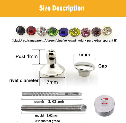 360 Sets 7mm Rhinestone Leather Rivets Kit Rapid Leathercraft Crystal Tubular Metal Studs with 3 Tools for Handmade DIY Decoration Accecssories...