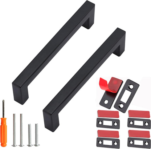 Cabinet Pulls Matte Black Cabinet Handles 5 Pack 5 Inch Square Drawer Pulls and 5 Pack Cabinet Magnetic Catch, Stainless Steel Kitchen Door Cupboa...