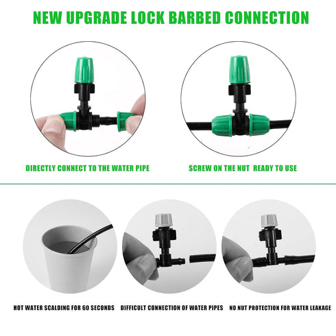 Misting Cooling System Drip Irrigation System Spray with 20 Adjustable Nozzles.20 Lock Barbed 6mm to 1/4 Inch Tee, 5 Lock Barbed End Plugs for Out...