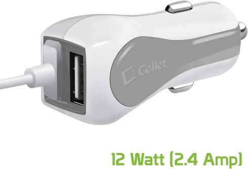 Cellet Micro-USB Car Charger, Coiled and Extra USB Port Car charger, Built-in Coiled 4ft long Micro USB Cable. (Fast Charging 2.4 Amp)...