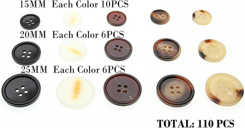 110 PCS Mixed Resin Sewing Buttons, Round Bulk Buttons for DIY Sewing Crafts,Coats,Suits, 5 Color 3 Size(15mm,20mm,25mm) SHUNLI...