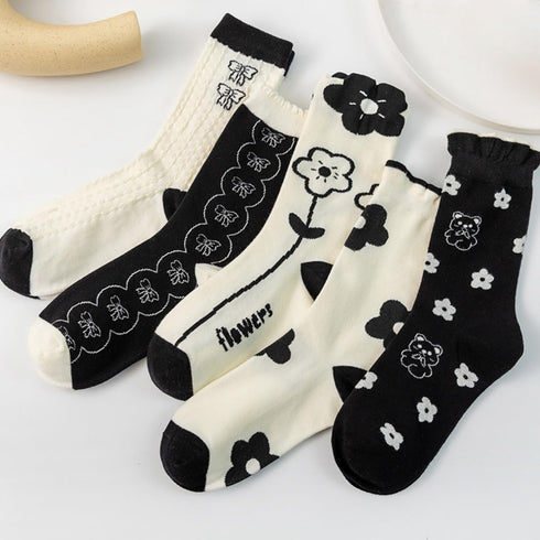 Flower Socks Women 5 Pairs Cute Retro Preppy High Ankle Cotton Sock Stripe Plaid Bow Socks...