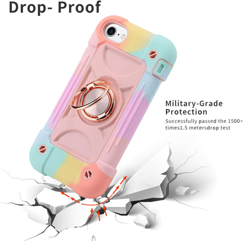iPhone SE3/SE2/6/6S/7/8 4.7" Heavy-Duty Military Grade Rugged Case with Ring Stand & 2 Screen Protectors (Rainbow Pink)...