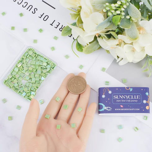 SUNNYCLUE 1 Box 240Pcs 2 Hole Beads 5x5mm Tila Beads Bulk Full Size Rectangle Square Tila Beads Japanese Seed Bead Grass Green Two Hole Beads Loos...