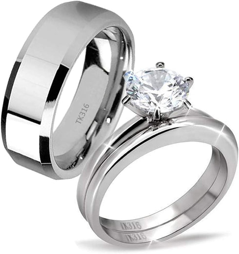 MABELLA His Hers Stainless Steel Men's Band Women Cubic Zirconia Round Cut Wedding Engagement Ring Set...