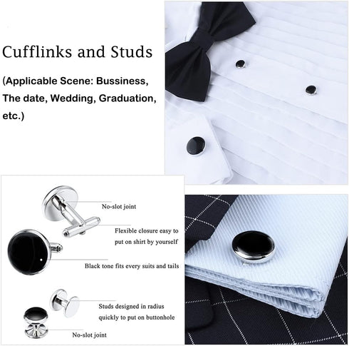 Men's Tuxedo Shirts Round Cufflinks and Studs Set For Business Wedding Black and Sliver...
