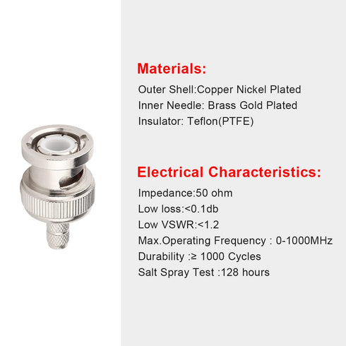 10 Pack 50 Ohm BNC Male Crimp Connector,BNC/Q9 Connector for RG58/RG142/RG400/LMR195/KSR195/3D-FB Cable...