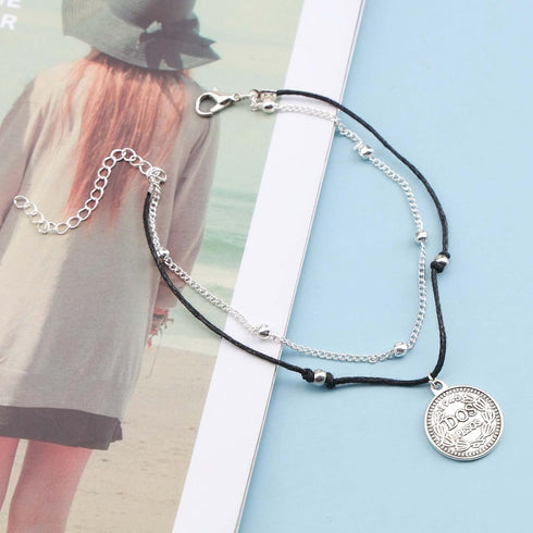 Boho Layered Wax Rope Anklets Silver Coin Ankle Bracelet Vintage Coin Disc Pendant Anklet Bracelet Satellite Anklet Ball Beaded Foot Chain Jewelry...