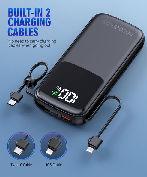 UYAYOHU Portable Charger, Power Bank, 15000mAh Battery Pack Fast Charging Lightweight, Built-in AC Wall Plug and 2 Output Cables with LED Display ...
