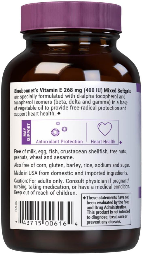 Bluebonnet Nutrition Vitamin E 400 IU (268 mg) Mixed Tocopherols Softgels, Free Radical Portection & Cardiovascular Support, Gluten-Free, Dairy-Fr...