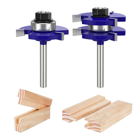 Tongue and Groove Router Bit Set of 2 Pieces 1/4 Inch Shank Router Bits 3 Teeth Adjustable T Shape Wood Milling Cutter Router Bits Sets for Woodwo...