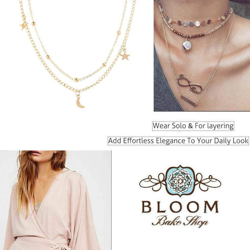 Olbye Moon Star Necklace Layered Satellite Necklace Choker Double Chain Gold Necklace for Women and Girls...