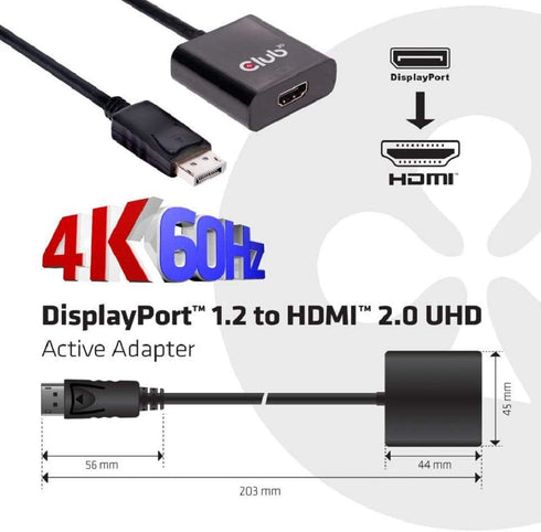 Club 3D CAC-2070 DisplayPort 1.2 to HDMI 2.0 UHD Active Adapter M/F...
