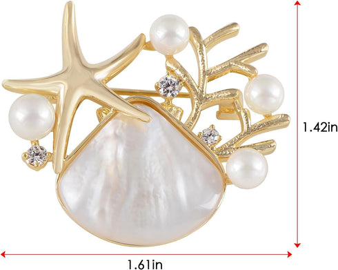 Alilang Elegant Zircon Gold Starfish Shell Pearl Brooch Pins For Ladies Inlay Sea Animal Jewelry Brooches...