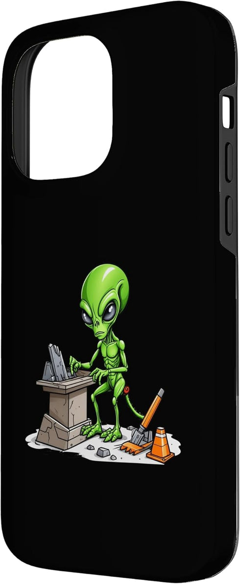 iPhone 14 Pro Max Alien Chiseling Stone Block With Construction Tools Graphic Case...