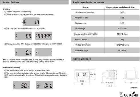 Runleader Digital Hour Meter,DC 5V to 60V for Riding Lawn Mower Tractor Golf Cart Forklift RV Motorhome Milling Machine etc. (1)...