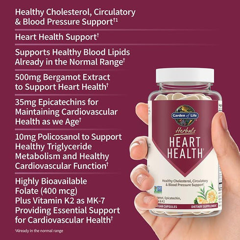 Garden of Life Herbals Heart Health Supplement with Folate, Bergamot, Green Tea & Vitamin E & K for Cholesterol, Circulatory & Blood Pressure Supp...