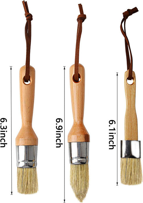 Professional Chalk and Wax Paint Brush Set, 3pcs Small Round Reusable Natural Bristle Brushes for Folk Art Home Decor DIY Painting Stencils, Compa...