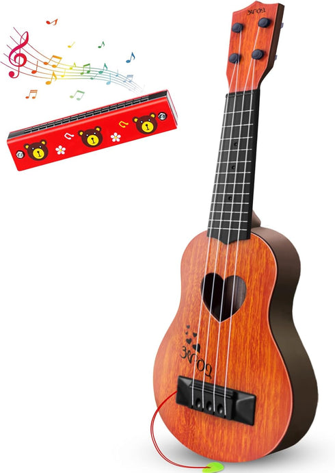 Kids Guitar Musical Toy Ukulele Classical Instrument(Brown),with Extra Harmonica 16 Holes...