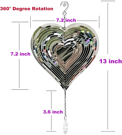 3D Wind Spinners Outdoor Garden Decor - Stainless Steel Reflective Hanging Wind Spinner Bird Devices Deterrent Away from Yard, Metal Heart Wind Sc...
