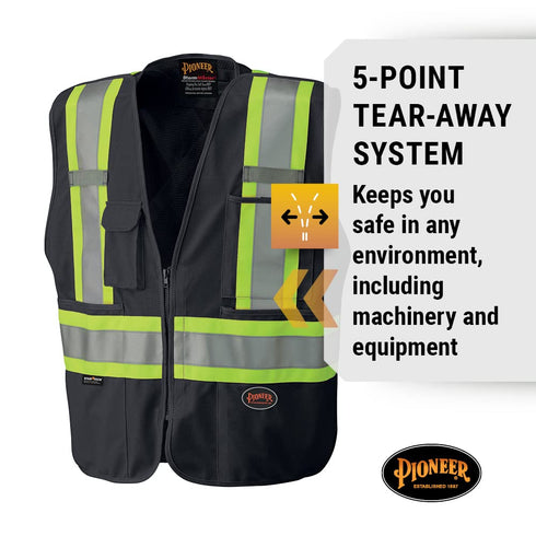 Pioneer Hi Vis Tear-Away Mesh Back Safety Vest for Me - Reflective Tape, 4 Pockets - Construction, Traffic, Security - Black...