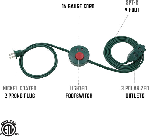 Clear Power 3 Outlet Indoor Extension Cord 16/2 SPT-2 w/Lighted footswitch (9 ft, Green), CP10028...