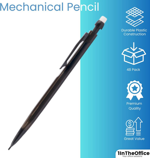 1InTheOffice Mechanical Pencil 0.7 mm, 2, HB Lead, Black Lead, Smoke Barrel (48 Pack)...