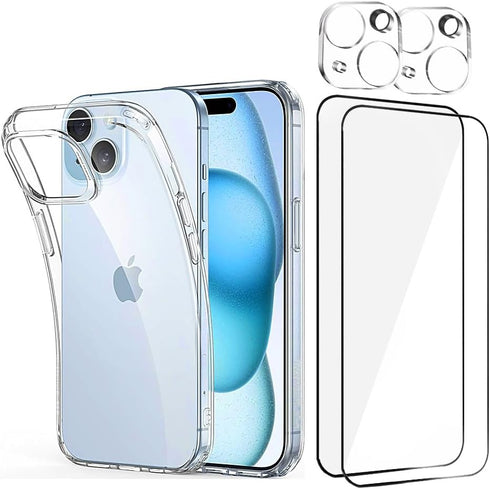Tempered Glass Screen Protector with Case Clear for iPhone 15 6.1" + Case Clear, 2 Glass Screen Protectors, 2 Camera Lens Protectors, Installation...