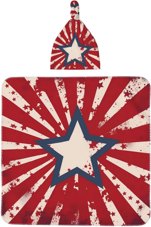 Star Stripes Baby Swaddle Blanket with Beanie Set, Newborn Receiving Blankets 35.4"X 35.4" USA Flag Soft Swaddle Wrap Baby Stuff for Infant Boy Gi...