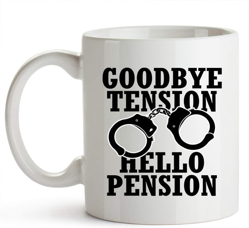 YouNique Designs Goodbye Tension Hello Pension - 11 Oz Portable Coffee Mug, Police Officer Retirement Gift for Men Women, Correctional Officer Cup...