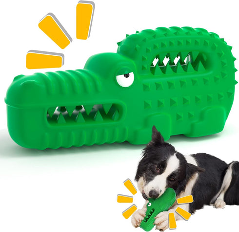Dog Toys, Squeaky Indestructible Dog Chew Toys for Aggressive Chewers, Tough Alligator Rubber Teething Chew Dog Toys for Large Medium Small Dog (G...