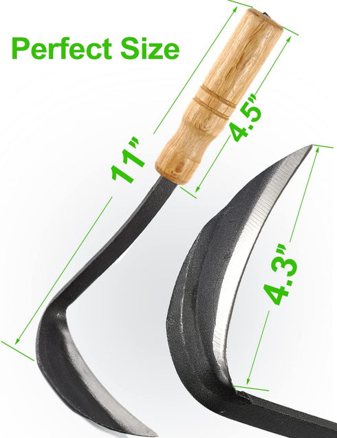 Japanese Weeding Sickle Hoe, 11" Gardening Hand Weeder Nejiri Kama Blade Tool Digging and Cutting Weed Remover, High-Carbon Steel One-Piece Moldin...