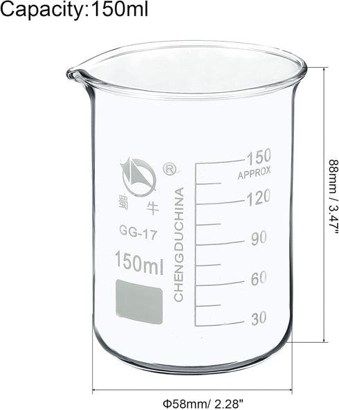 PATIKIL 150ml Low Form Glass Beaker, 3.3 Borosilicate Glass Graduated Printed Scale Measuring Cups with Spout for Kitchen Lab Liquids Transit Boil...