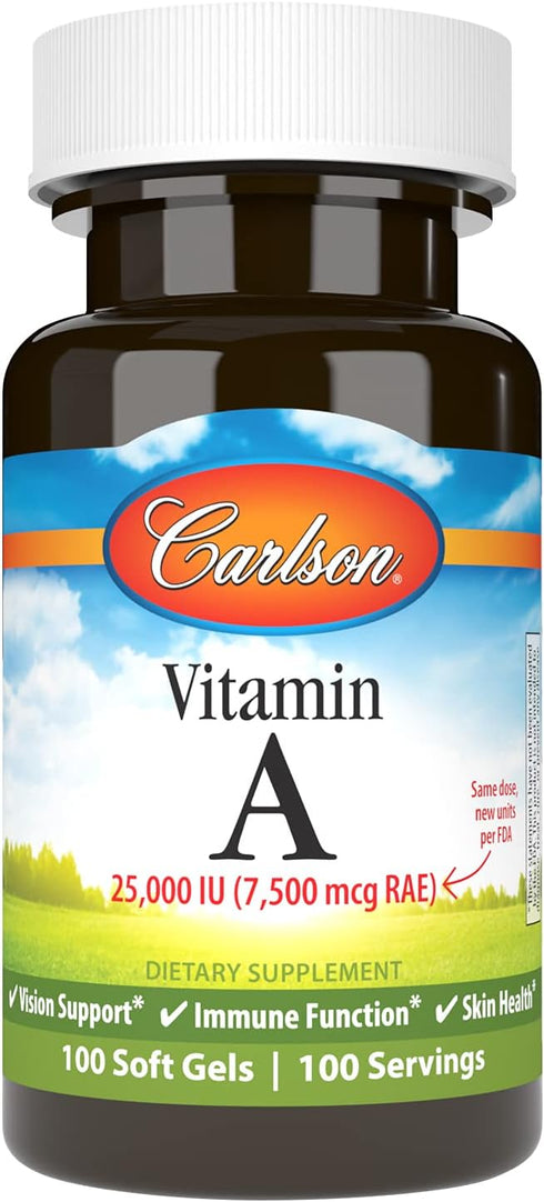 Carlson - Vitamin A, 25000 IU (7500 mcg RAE), Vision & Skin Health, Immune Function, 100 soft gels...
