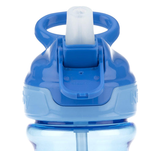 Nuby Thirsty Kids Push Button Flip-it Soft Spout on The Go Water Bottle with Easy Grip Band, Blue Sharks, 12 Oz...