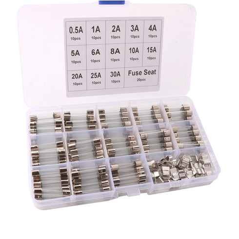 FULARR 150Pcs Professional Car Fast-Blow Glass Tube Fuse Kit: 130Pcs Quick Blow + 20 Fuse Seats, Transparent Plastic Box...