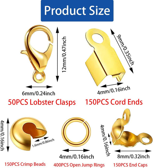 900 Pcs Jewelry Making Accessories Set 50 Lobster Clasps 150 Half Round Open Crimp Beads 400 Open Jump Ring Connectors 150 Bead Tips Knot Covers a...