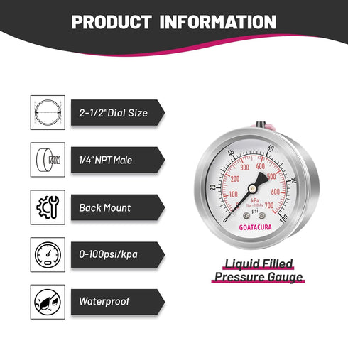 0-100psi/kpa Glycerin Filled Pressure Gauge, 2-1/2" Dial Size, Stainless Steel Case, with Vent Valve, 1/4" NPT Center Back Mount, 2-1-2% Accuracy,...